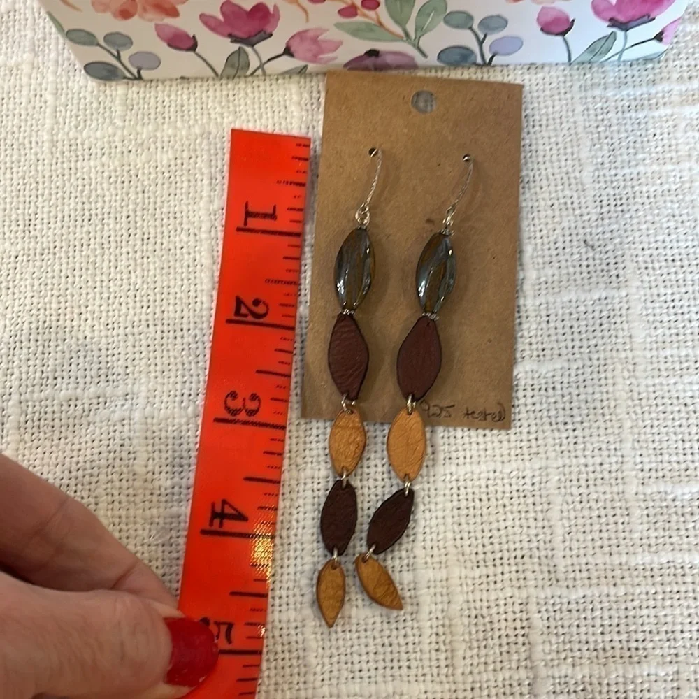 Sterling silver leather and natural stone extra long earthy neutral colors